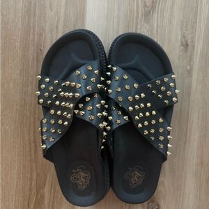 Black Sandals with Gold Studs